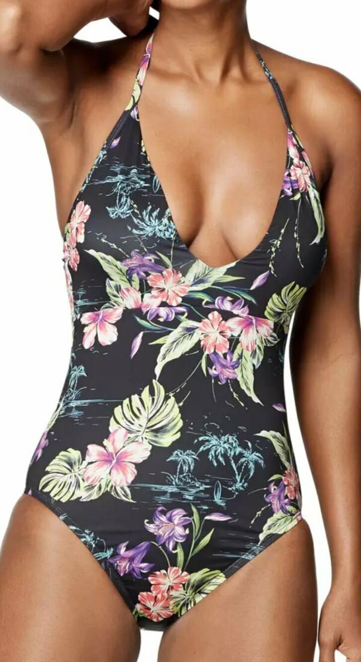 NEW SPEEDO BLACK ACID LIME FLORAL V-NECK HALTER ONE PIECE SWIMSUIT SZ 10 7734286